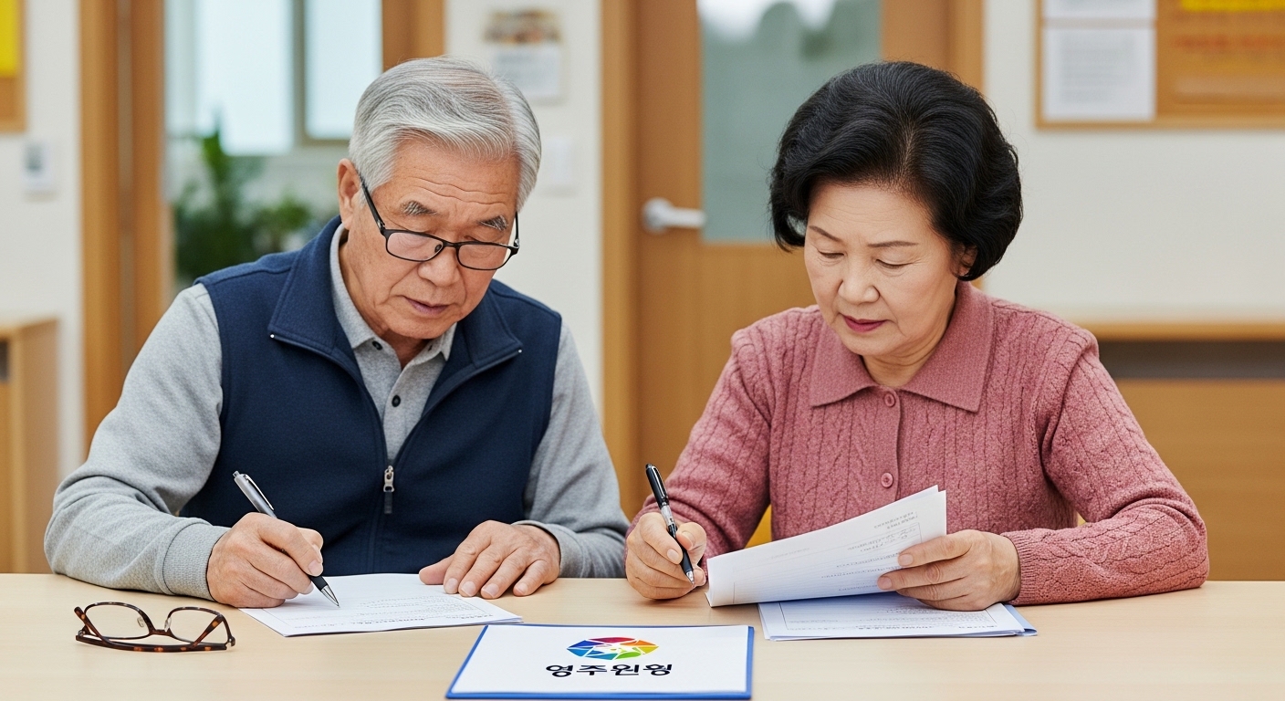 영주시 고령운전자 운전면허 반납 지원금 신청 서류를 꼼꼼히 확인하는 어르신들의 모습.