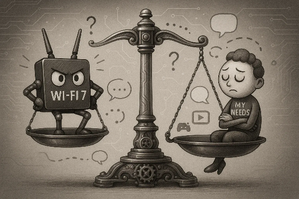 저울 위에서 Wi-Fi 7 공유기 캐릭터와 '나의 필요' 캐릭터가 균형을 이루는 모습, 기술 선택의 고민을 상징