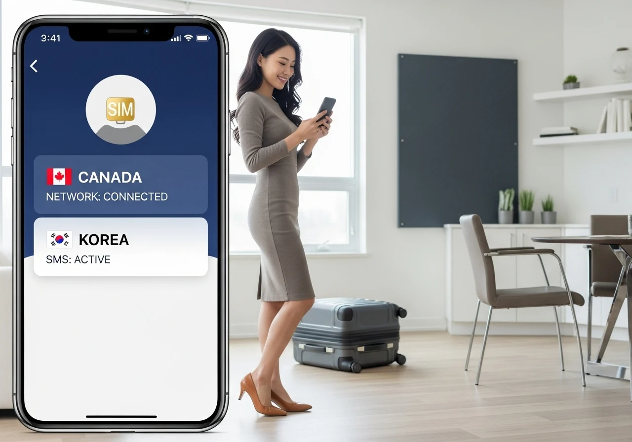 한 여성이 스마트폰을 들고 있으며, 화면에는 캐나다와 한국 듀얼심이 활성화된 모습이 보인다