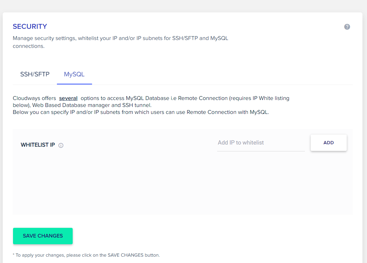 클라우드웨이즈 호스팅 보안 설정: SSH/SFTP 접속 제한 - MySQL