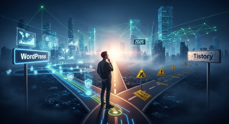 2025년 워드프레스와 티스토리 플랫폼을 나타내는 두 갈림길에서 워드프레스 길을 신중하게 선택하는 사람