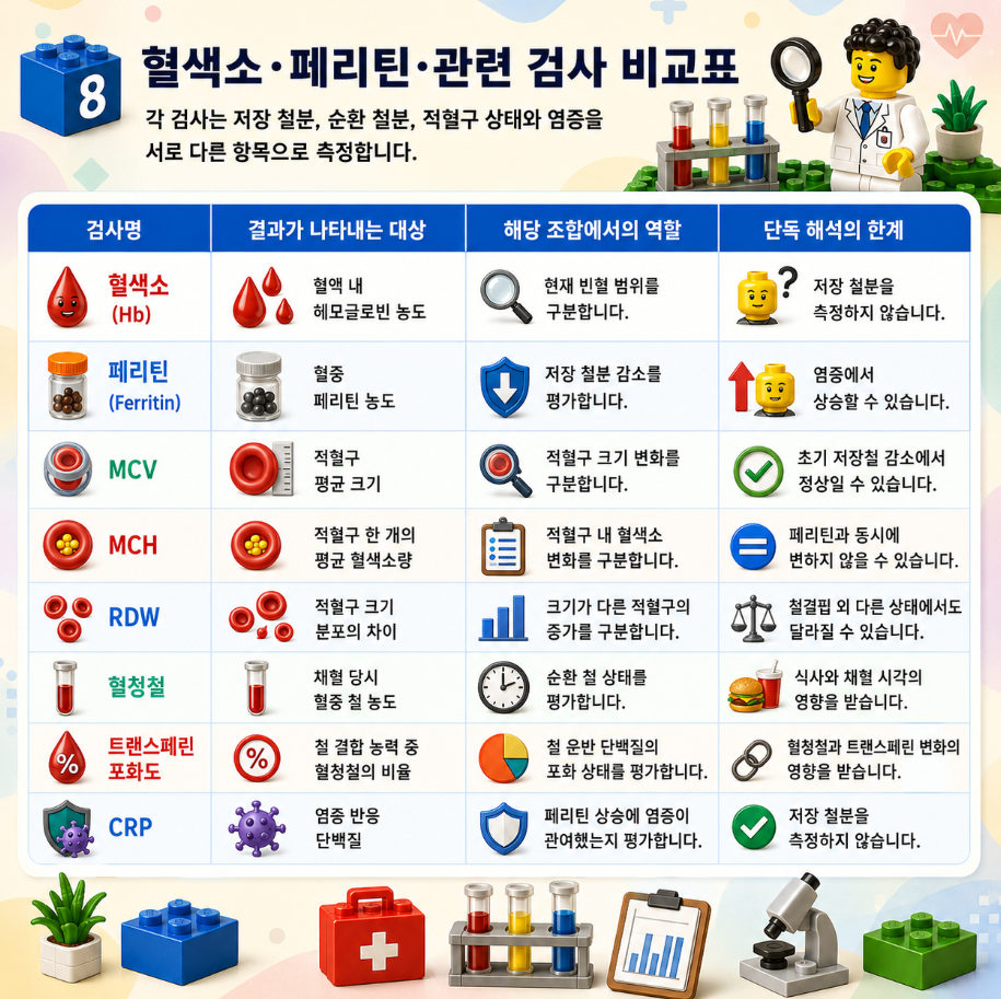 혈색소, 페리틴, MCV, MCH, RDW, 혈청철, 트랜스페린포화도, CRP를 한눈에 비교한 레고 스타일 혈액검사 비교표 인포그래픽