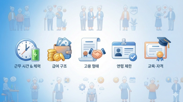 노후일자리 선택 전 꼭 확인해야 할 5가지 기준(근무 시간 및 체력, 급여, 고용 형태, 연령 제한, 자격 요건)을 정리한 인포그래픽