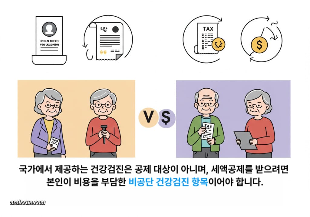 어르신이 국가에서 무료로 시행하는 정기 건강검진과 개인이 비용을 지불하는 종합검진을 비교하고, 세액공제 가능 여부를 확인하는 장면으로 건강검진 유형별 차이를 나타냅니다.