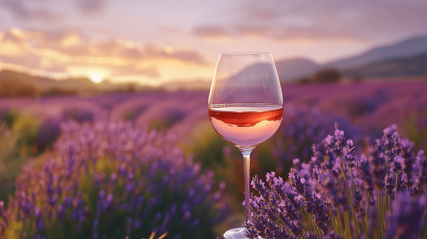 프로방스 라벤더 밭에 로제와인잔