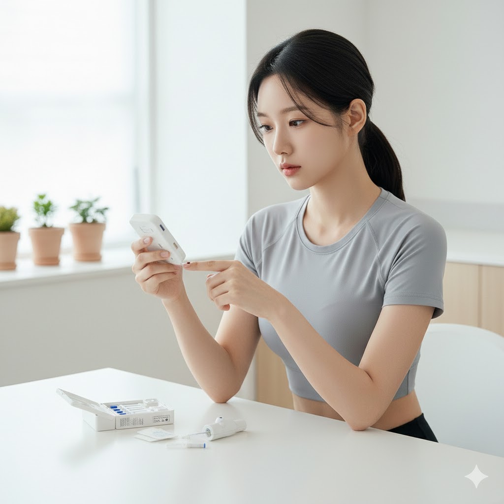 혈당 측정을 하고 있는 여성 사진
