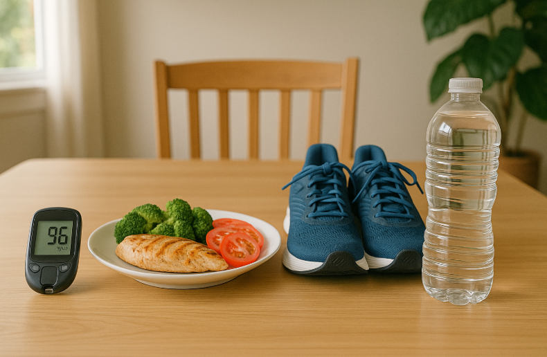 혈당 측정기, 저탄수화물 식단, 운동화, 물병