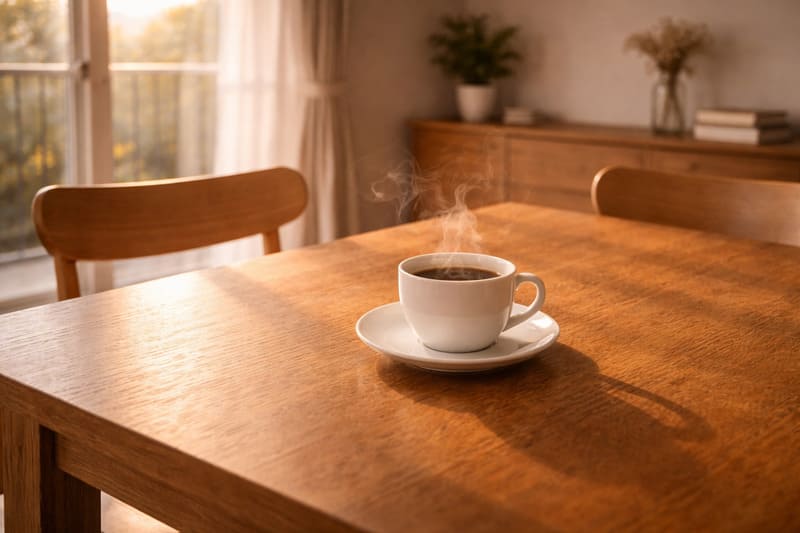 자녀 독립 후 빈 식탁에 놓인 커피 한 잔과 따스한 아침 햇살이 비치는 집 안 풍경
