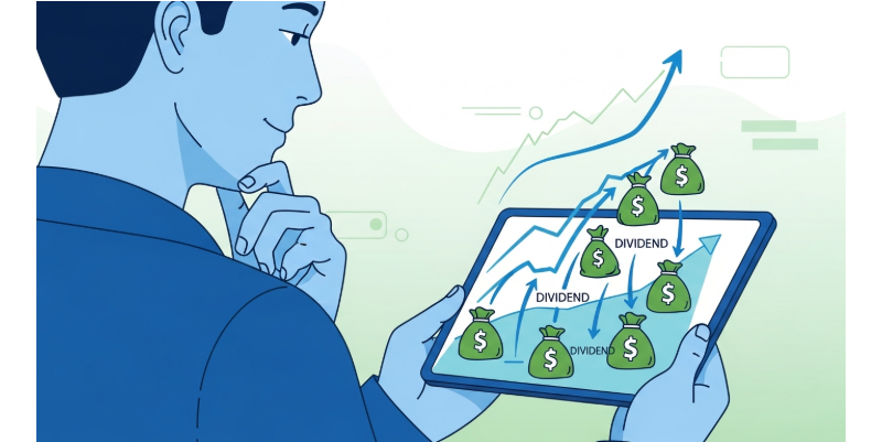 투자자가 태블릿으로 안정적인 주식 차트와 재투자되는 배당금을 확인하며 장기 투자와 위험 관리를 하는 모습.