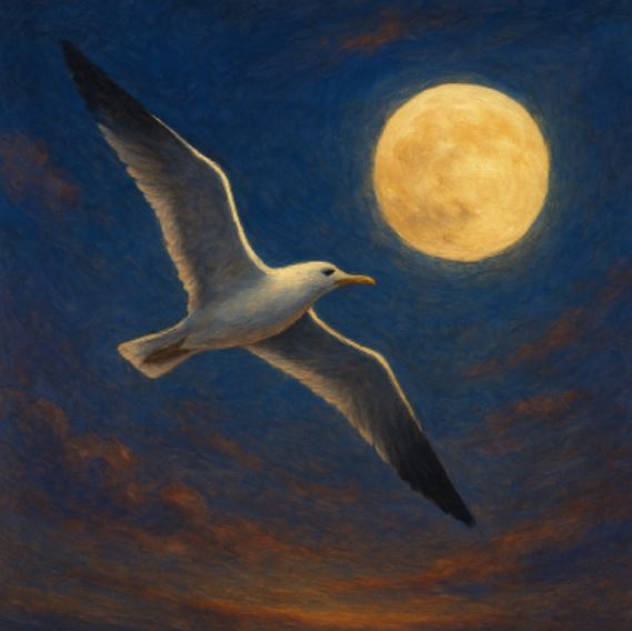 황혼의 하늘을 배경으로 갈매기 한 마리가 밝은 보름달 앞을 힘차게 날아가는 모습