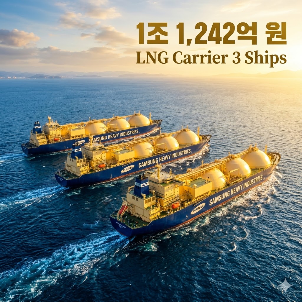 거대한 LNG 운반선 3척이 푸른 바다 위에 나란히 항해하는 장면을 드론 앵글로 촬영한 듯한 리얼한 사진 스타일. 선박은 삼성중공업 로고가 선명하게 보이도록 하고, 선체에 금색 빛이 반사되는 고급스러운 느낌. 배경 하늘에는 밝은 황금빛 아침 햇살이 비치고, 오른쪽 상단에 &ldquo;1조 1,242억 원&rdquo;과 &ldquo;LNG Carrier 3 Ships&rdquo;를 강렬한 금색