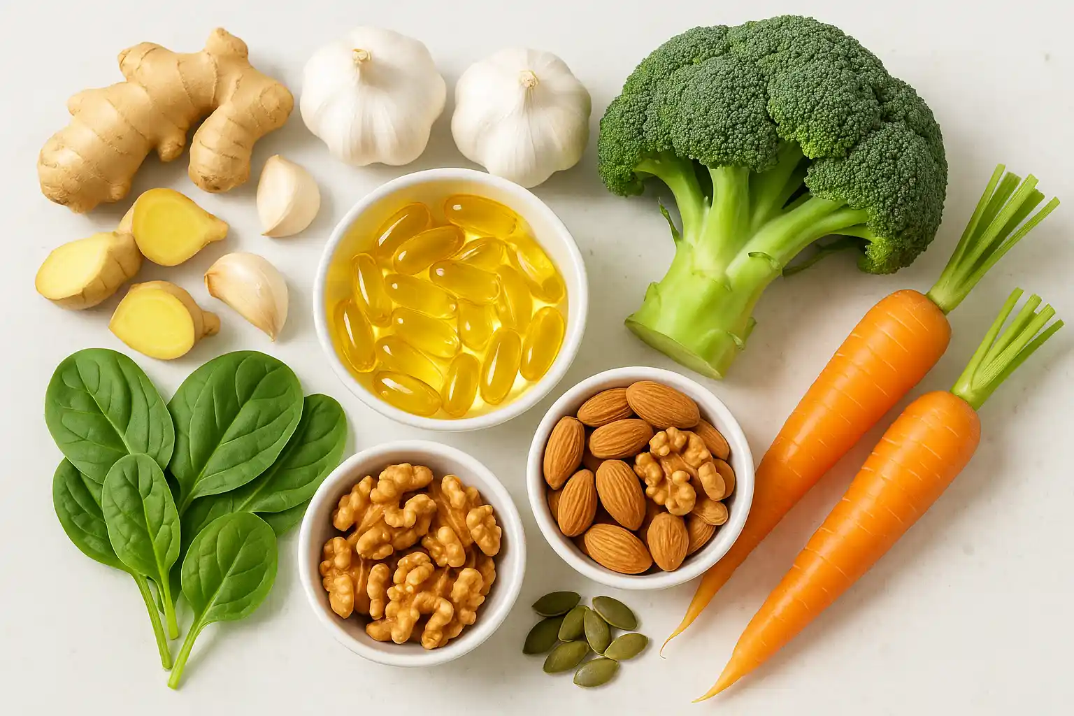 생강, 마늘, 녹황색 채소, 오메가3, 견과류 등 항염 식품