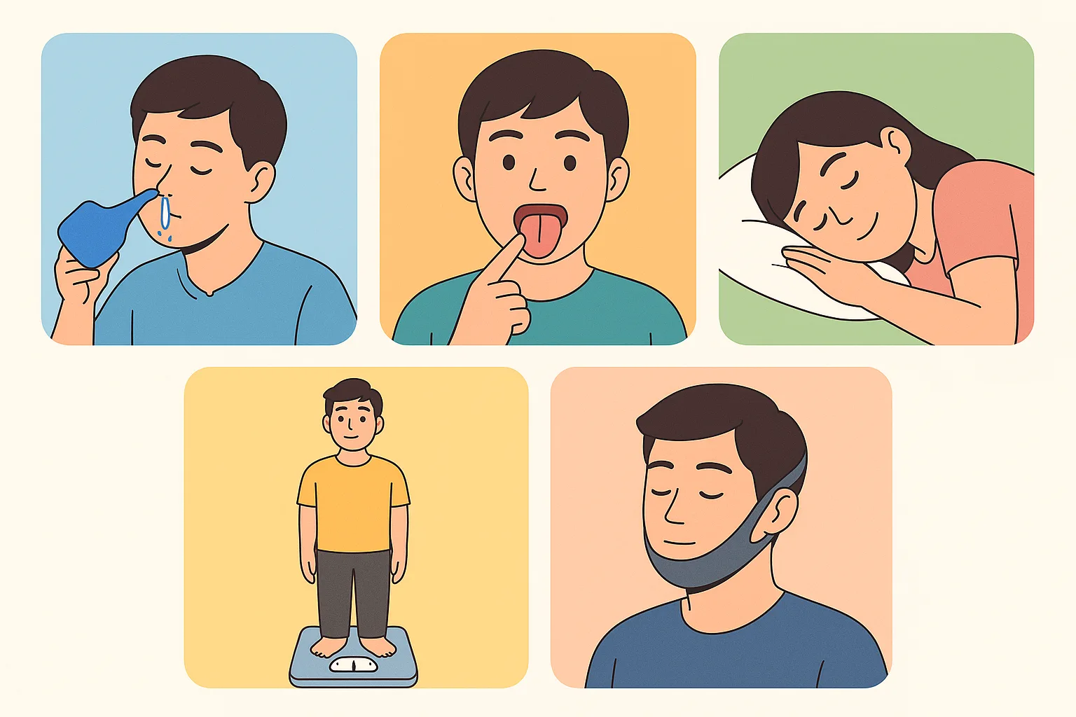 코 세척, 혀 근육 강화 운동, 옆으로 눕기, 체중 관리, 입벌림 방지 밴드 등 다양한 교정 방법