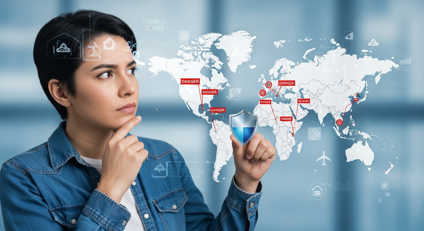 세계 지도를 보며 해외 스캠과 범죄 위험 지역을 확인하고 방패를 든 사람이 안전 수칙을 강구하는 모습