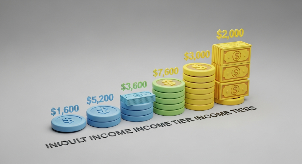 소득 수준에 따른 민생지원금 지급액을 단계별로 시각화한 3D 인포그래픽 스타일 이미지