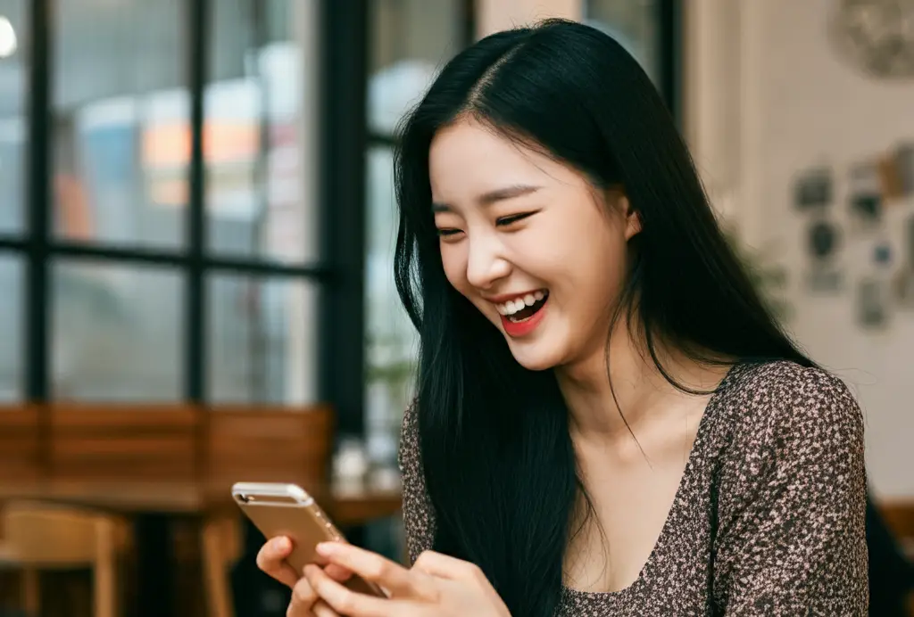 스마트폰을 보며 기뻐하는 여성
