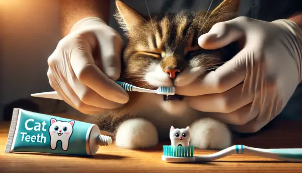 고양이 치아를 조심스럽게 확인하는 사람과 옆에 놓인 칫솔, 치약