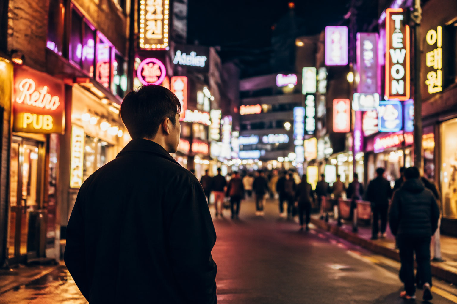 이태원 네온사인 거리의 밤 풍경에서 한 사람이 홀로 서 있는 모습, 비 오는 도로와 반사된 불빛이 어우러진 감성적인 시네마틱 장면