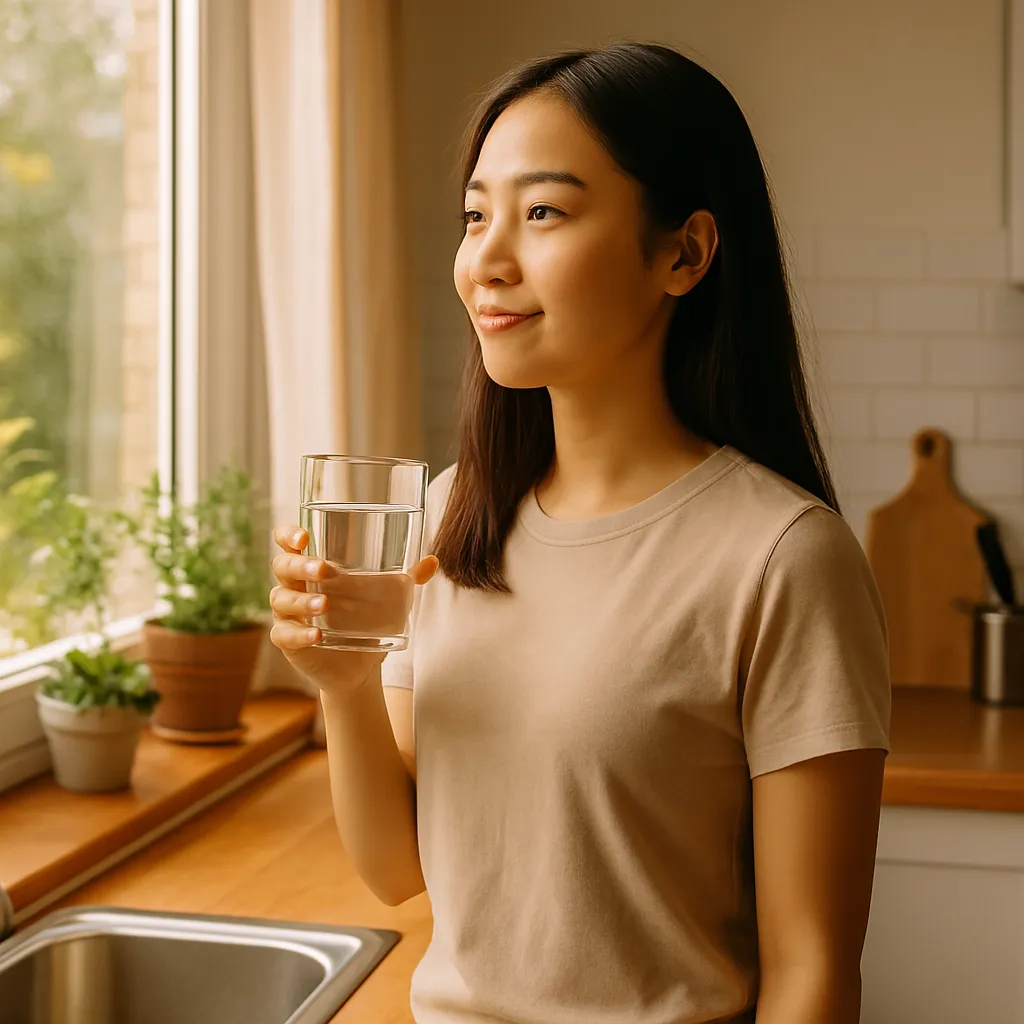 아침 햇살이 들어오는 주방에서 물 한 잔을 들고 창가를 바라보는 동양인 직장인 여성의 평온한 모습