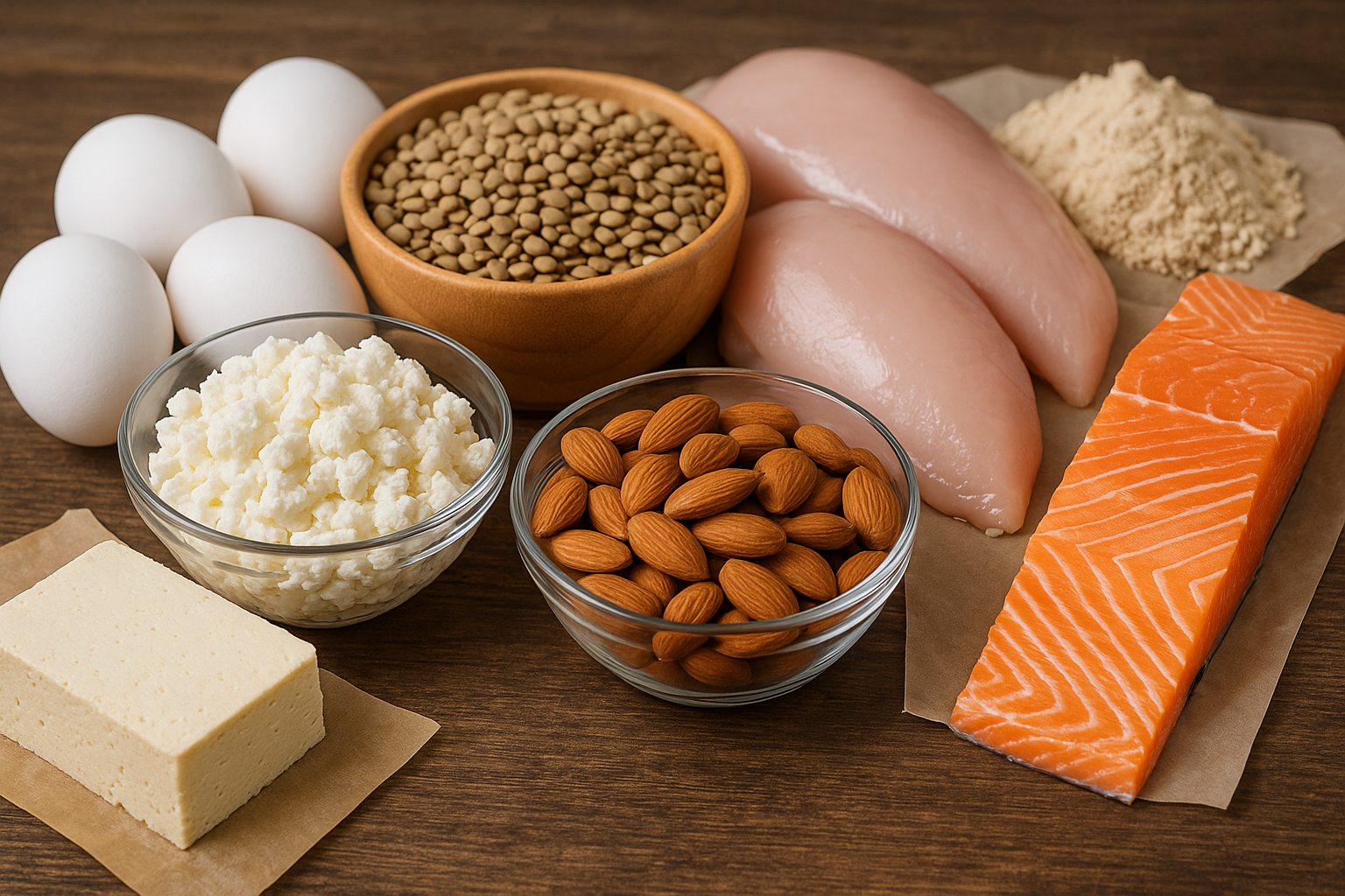 단백질 영양소가 많이 들어있는 대표적인 음식재료들의 모습 (두부, 아몬드, 치즈, 닭가슴살, 계란, 연어 등..)