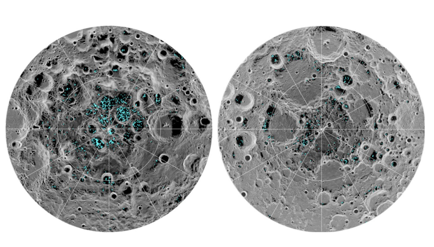 달 남극의 크레이터와 얼음 분포도 (푸른색 점으로 표시된 NASA 데이터 지도)
