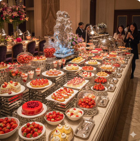 딸기 디저트로 가득 채워진 화려하고 고급스러운 호텔 뷔페 전경