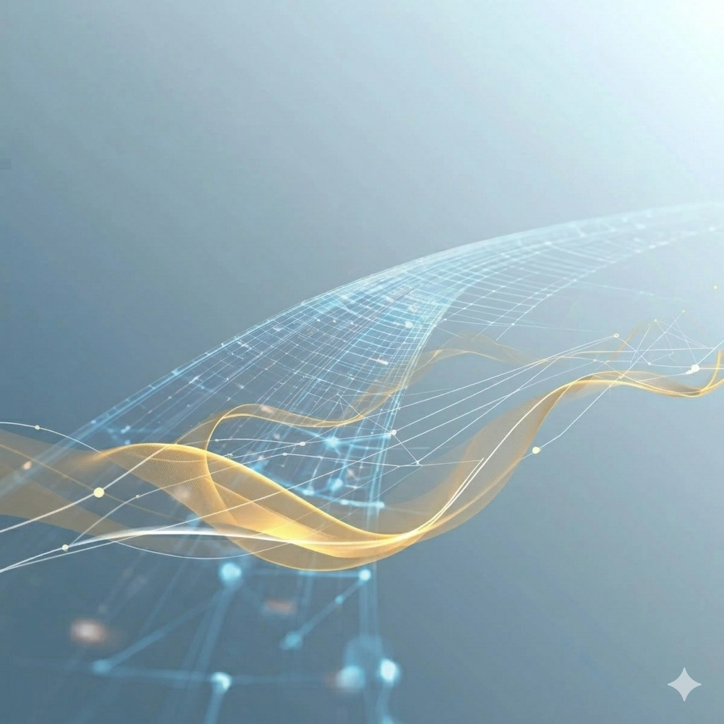 무한한 디지털 공간 속에서 블루 그리드 네트워크와 황금색 자본의 흐름이 우아하게 융합되는 미니멀 추상 이미지