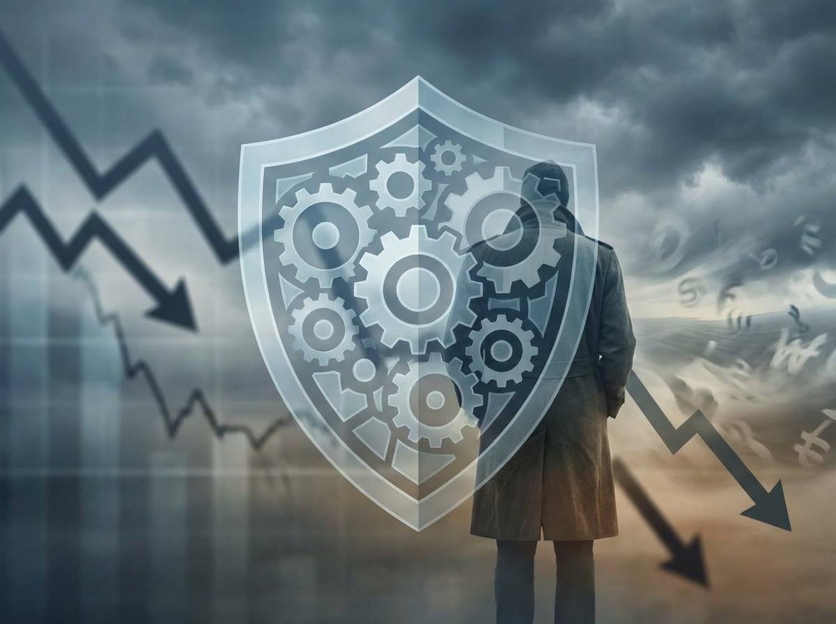 하락장 속에서 리스크를 관리하는 투자자의 모습, 방패와 그래프가 함께 있는 추상적인 이미지