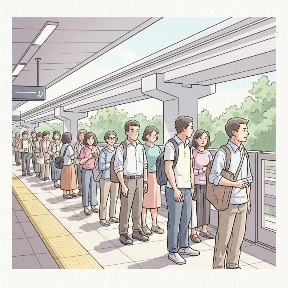 모노레일 탑승을 위해 줄 서서 기다리는 사람들