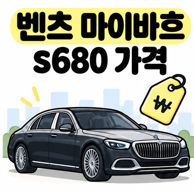 벤츠 마이바흐 s680가격 문구와 고급 대형 세단, 가격표 아이콘을 보여주는 대표 카드