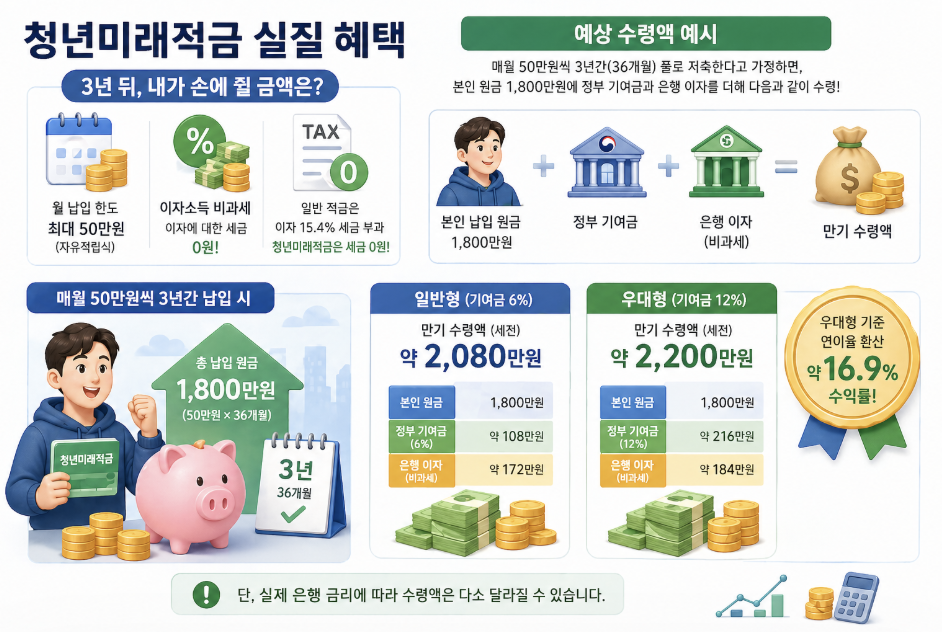 청년미래적금 실질 혜택 및 만기 예상 수령액 안내: 월 50만원씩 3년 납입 시 원금 1,800만원 기준 일반형(기여금 6%) 약 2,080만원, 우대형(기여금 12%) 약 2,200만원 수령 가능. 이자소득 비과세 혜택 및 우대형 기준 연이율 환산 수익률 약 16.9% 정보 포함