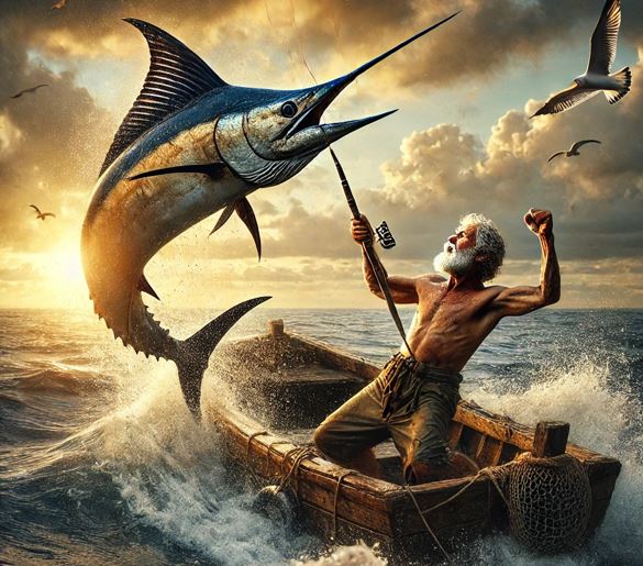 노인이 청새치를 잡는 장면