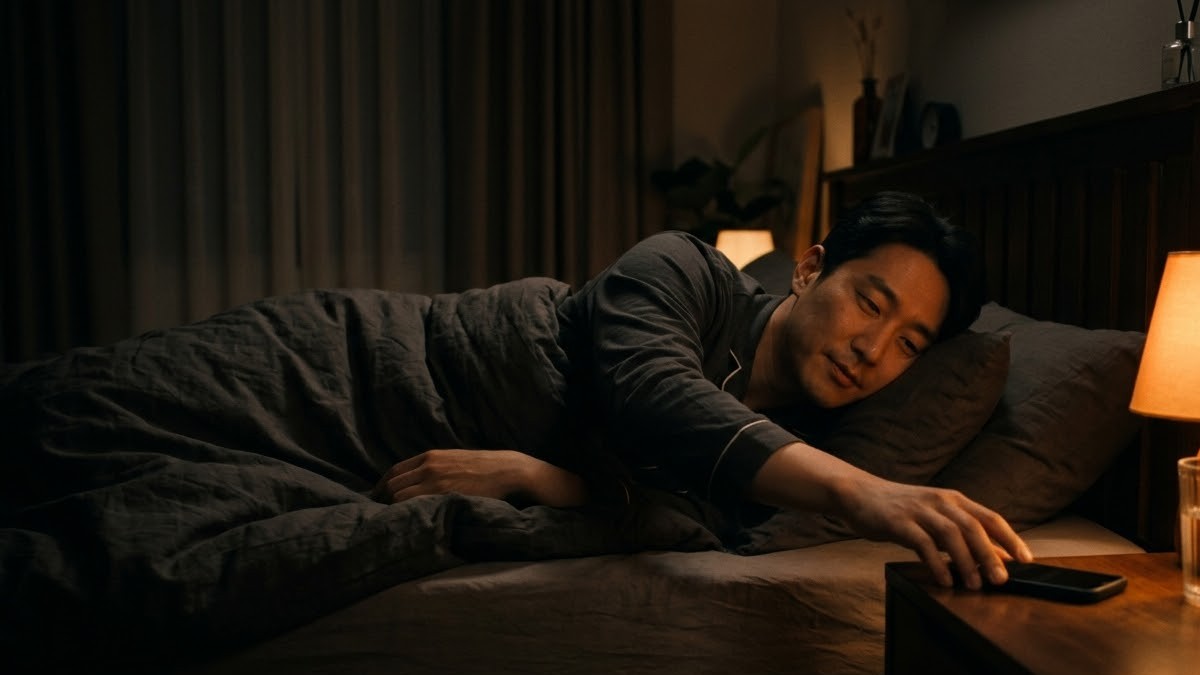은은한 조명 아래 휴대폰을 내려놓고 잠자리에 드는 30대 남성