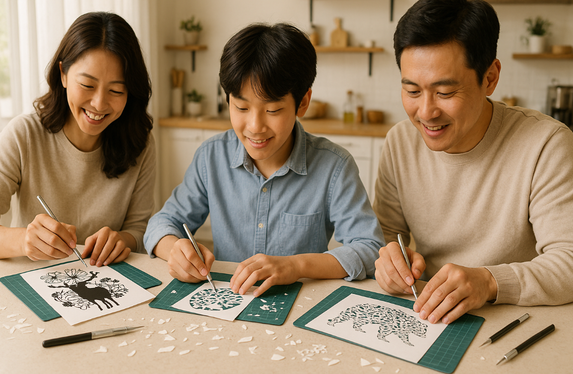 페이퍼 커팅 아트 활동을 하며 웃음 꽃을 피우는 행복한 가정