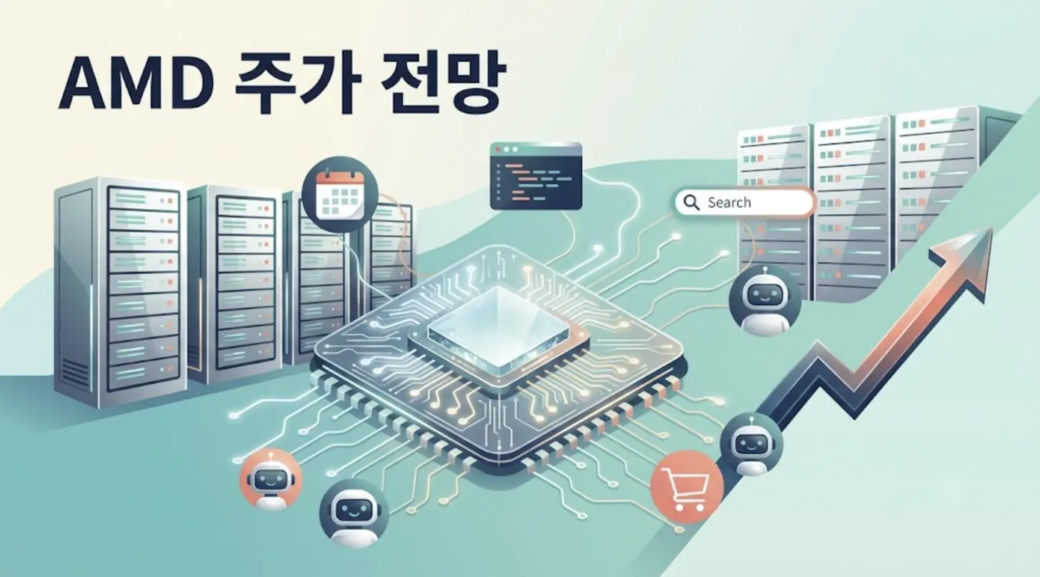 AMD 주가 전망 대표 이미지. 가운데 서버 CPU 칩이 캘린더, 코드 창, 검색창, 장바구니 같은 AI 에이전트 작업을 동시에 처리하고, 양옆의 데이터센터 서버 랙과 오른쪽의 우상향 주가 화살표로 이어지는 모습을 밝은 일러스트로 표현했다. AI 에이전트 확산에 따른 AMD 서버 CPU 수요와 목표주가를 정리한 글의 대표 이미지