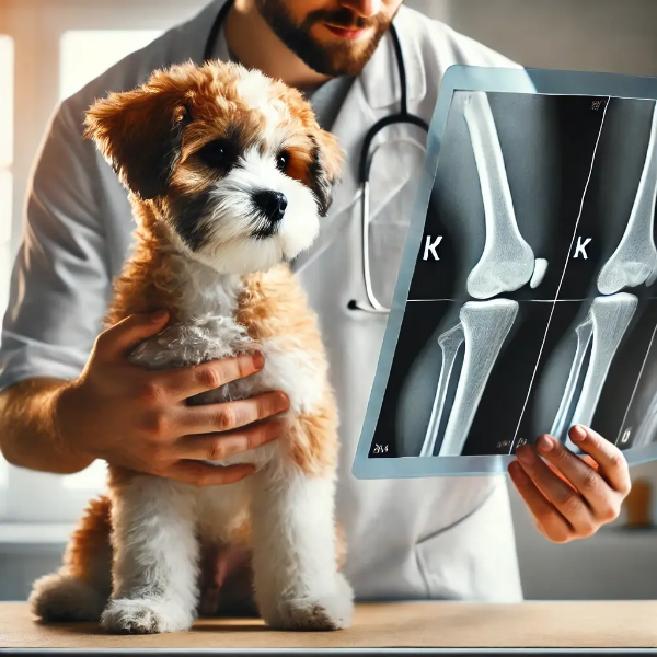 수의사가 강아지의 뒷다리를 진찰하며 슬개골 건강을 점검하는 모습, 관절 X-ray와 함께