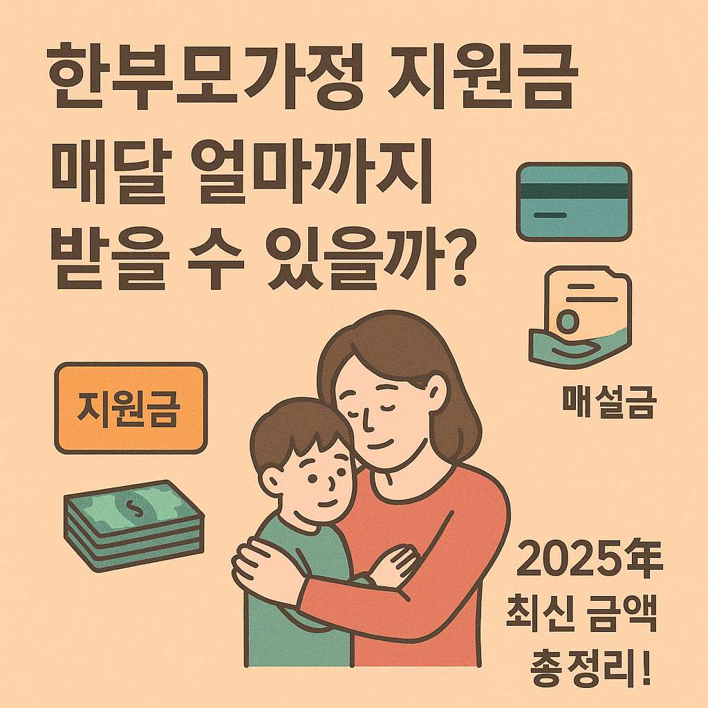 &ldquo;한부모가정 지원금, 매달 얼마까지 받을 수 있을까?&rdquo;라는 제목 아래, 엄마와 아이가 포옹하는 삽화와 함께 &lsquo;지원금&rsquo;, &lsquo;매설금&rsquo; 아이콘, 그리고 &lsquo;2025년 최신 금액 총정리&rsquo; 문구가 들어간 정보형 이미지.