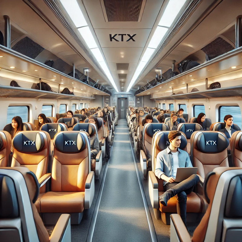 KTX 열차 내부 좌석과 승객들이 앉아 있는 모습