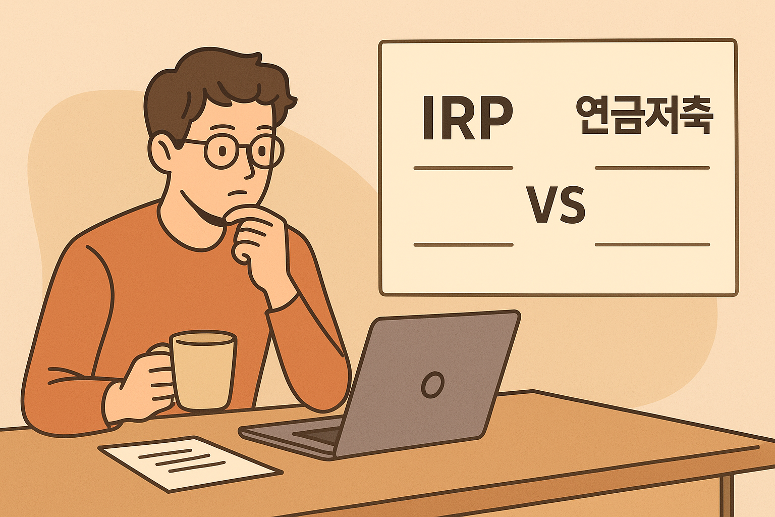 노트북 앞에 앉은 프리랜서가 커피를 마시며 IRP와 연금저축 중 어떤 게 유리할지 고민하는 따뜻한 톤의 일러스트