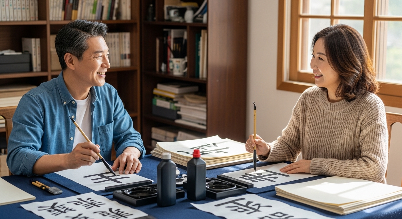 50대 은퇴한 솔로남이 서예 교실에 수강 신청을 하고 같이 수업을 듣는 이성과 친밀하게 대화하는 모습