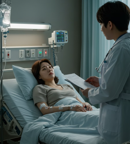 여성 환자가 침대에 누워 의사의 진찰을 받는 모습
