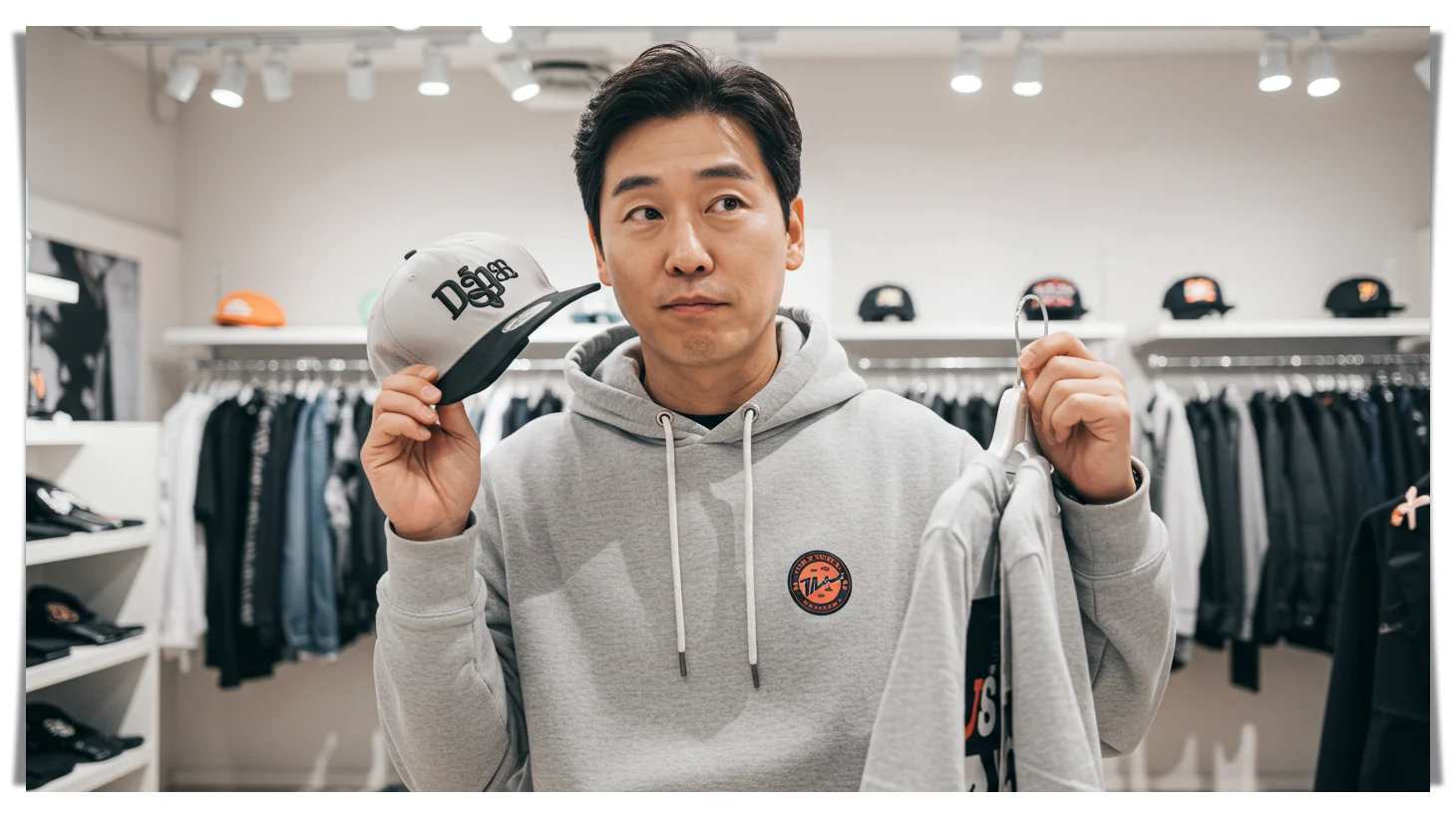 40대 남성이 옷가게에서 모자와 옷을 고르는 장면
