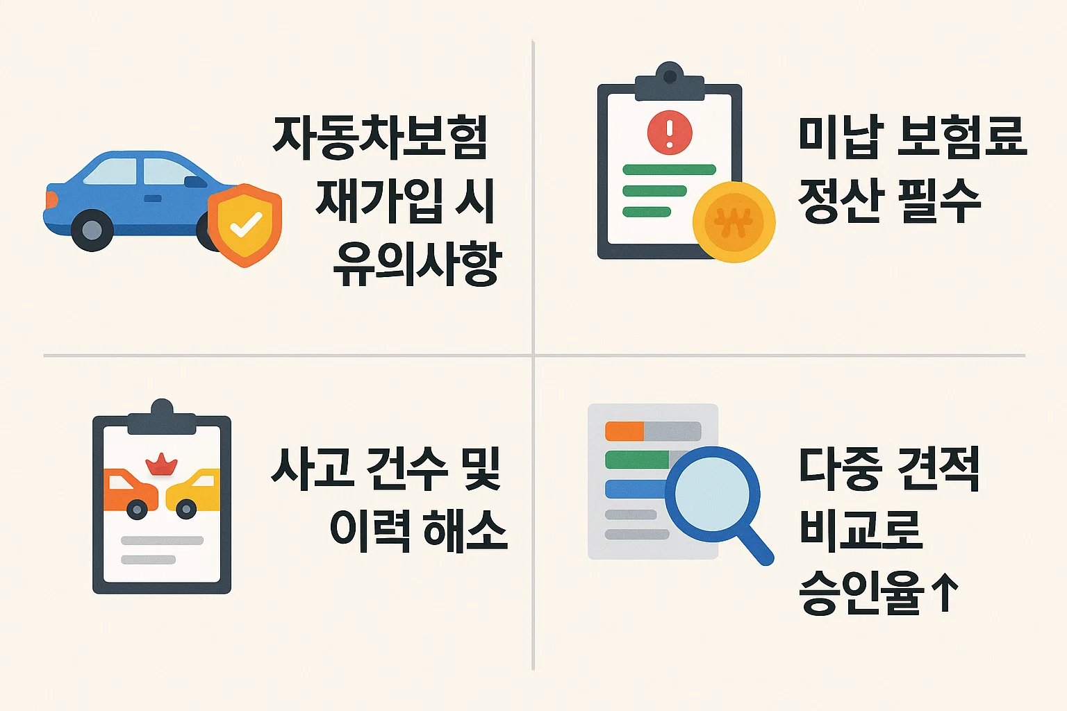 미납 보험료 정산, 사고 이력 해소, 다중 견적 비교를 통한 승인율 향상 전략을 정리한 인포그래픽
