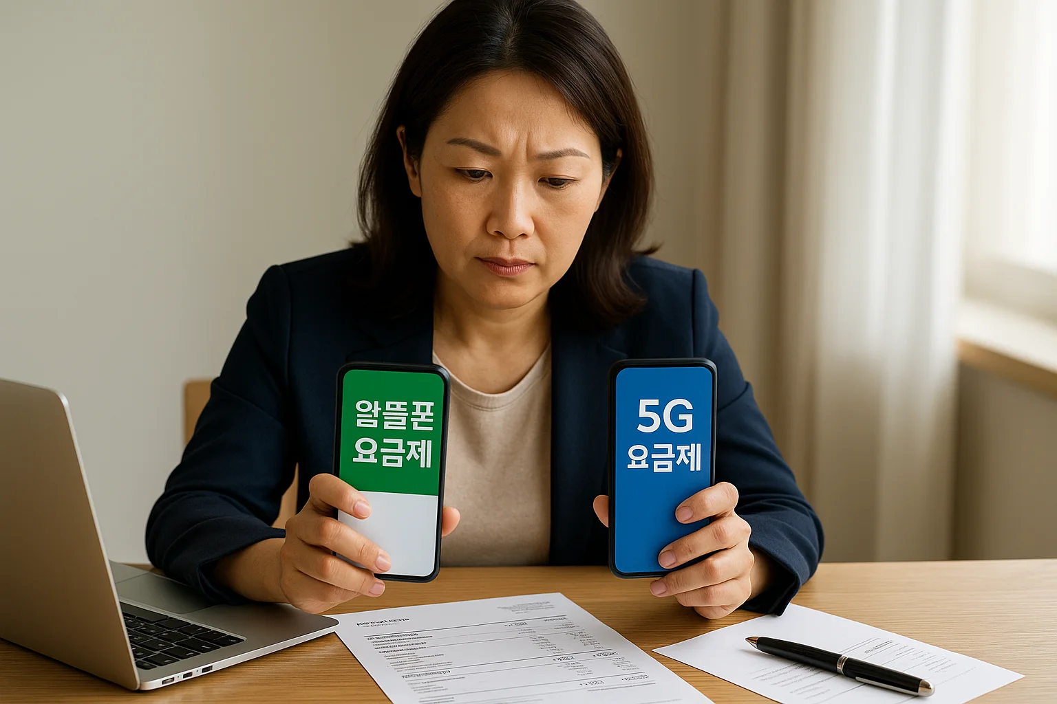 40대 여성이 알뜰폰 요금제와 5G 요금제를 비교하며 통신비를 점검하는 모습