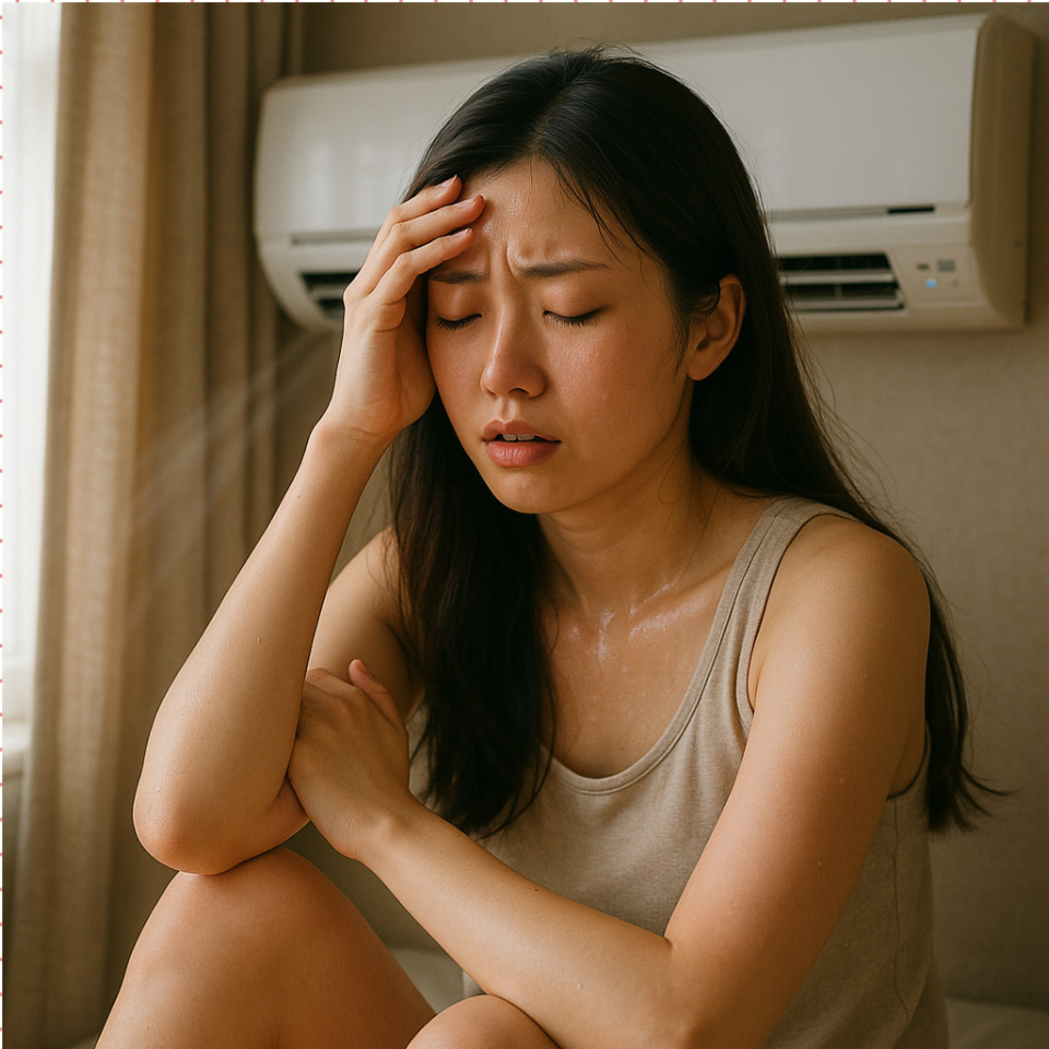 냉방병으로 힘들어 하는 여인