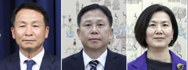 이재명 대통령이 15일 국가안보실과 AI수석 인사를 임명했다. 김현종(왼쪽부터) 1차장(전 청와대 국방개혁비서관), 임웅순 2차장(주캐나다 대사), 오현주 3차장(주교황청 특명전권대사).