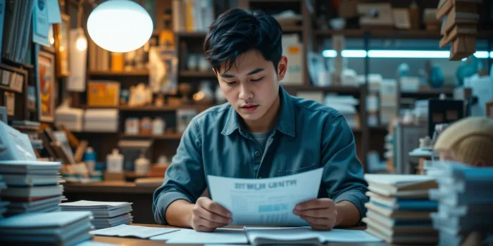 카페 내부에서 재무자료를 확인하며 야근하는 소상공인의 모습