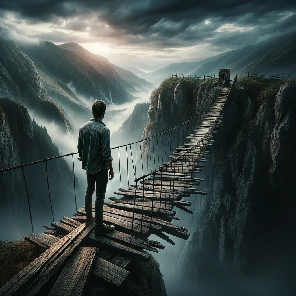 남자가 위태로운 다리를 건너려는 사진