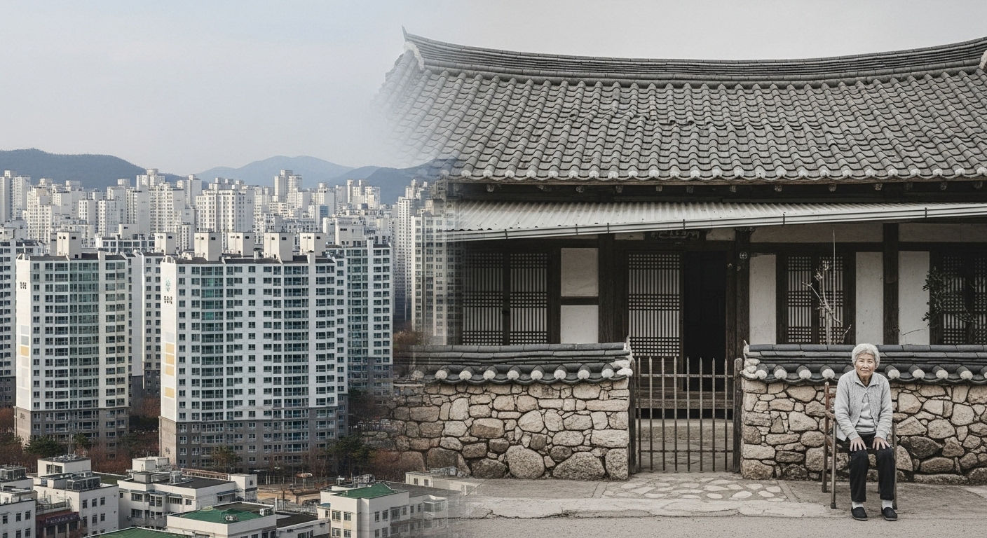 복잡한 도시 아파트와 홀로 사는 노인의 집이 대비되어 현대 사회의 가족 형태 변화와 3대 동거의 현실적 어려움을 보여줍니다.