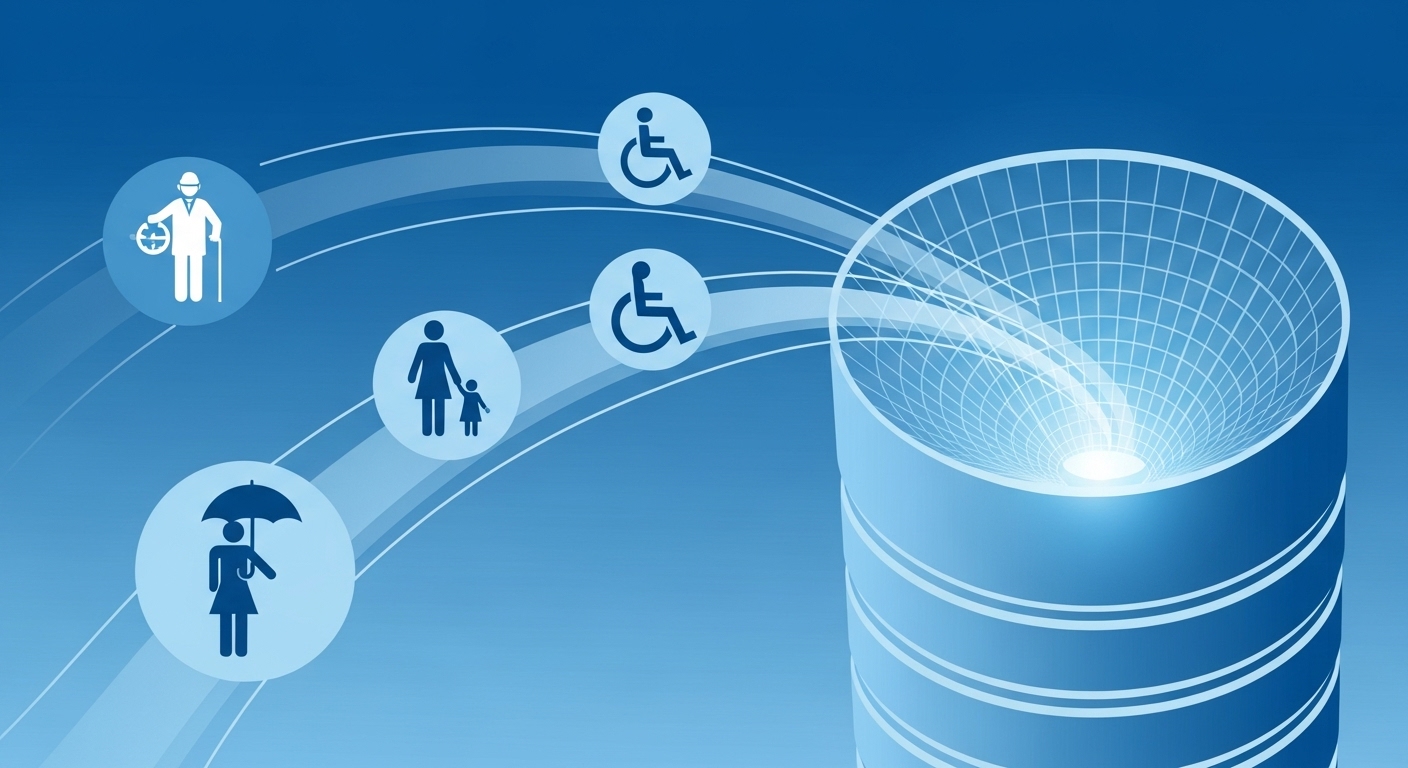 다양한 사회보장급여 종류가 정기 확인조사 대상으로 분류되는 디지털 이미지.